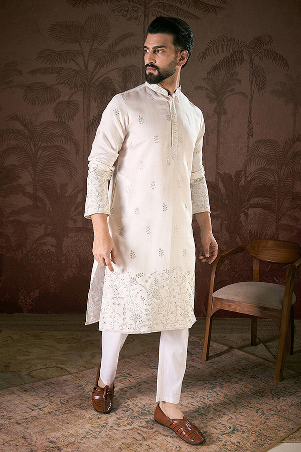 White Silk Blend Floral Embroidered Straight Kurta MKU1784