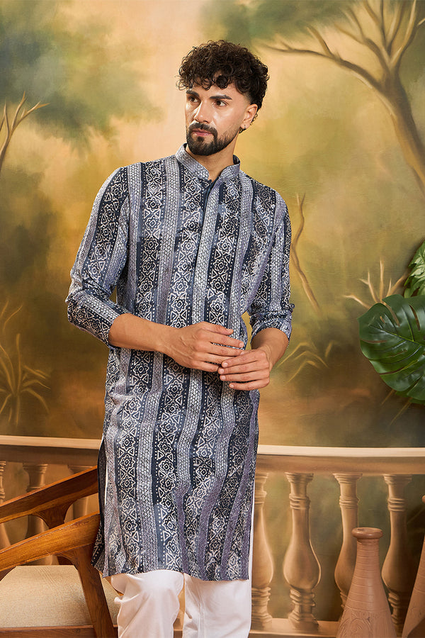 Blue Viscose Rayon Batik Printed Straight Kurta MKU1481