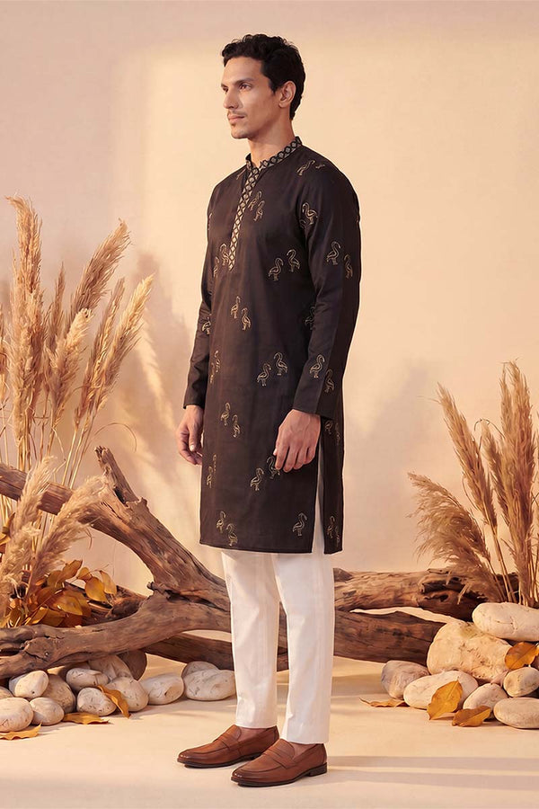 Black Silk Blend Solid Embroidered Kurta With Trousers MKSET1817