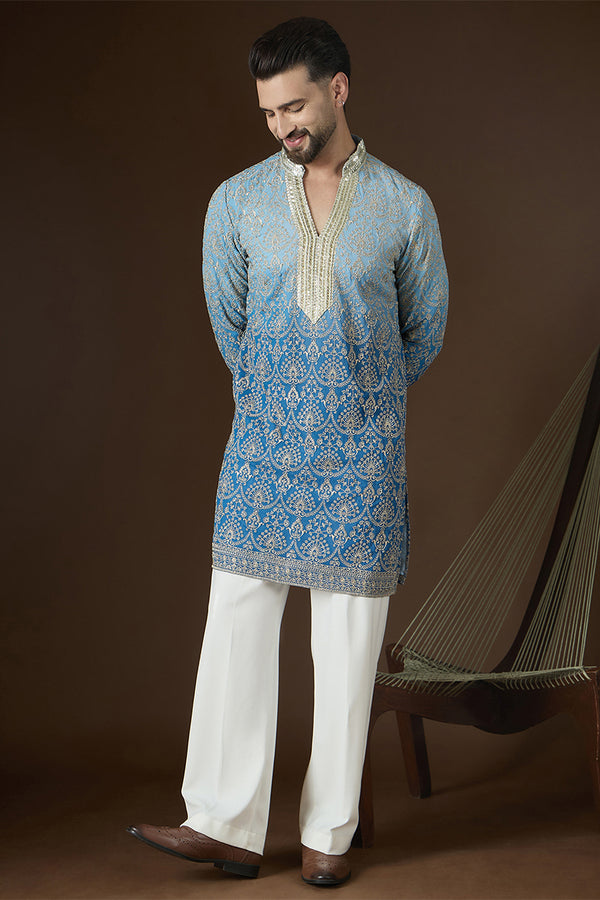 Blue Georgette Ethnic Motifs Embroidered Mandarin Collar Kurta MKU2586