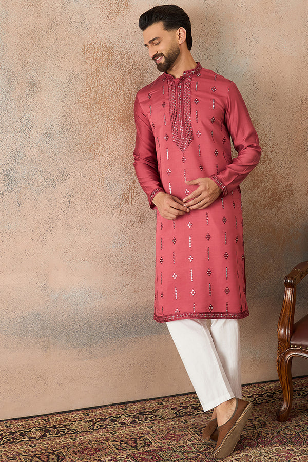 Rose Silk Blend Solid Embroidered Sequins Kurta With Trouser MKSET2259