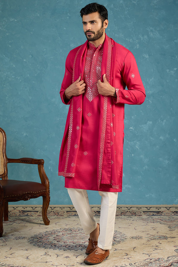 Pink Silk Blend Solid Embroidered Kurta With Dupatta MKUD1077