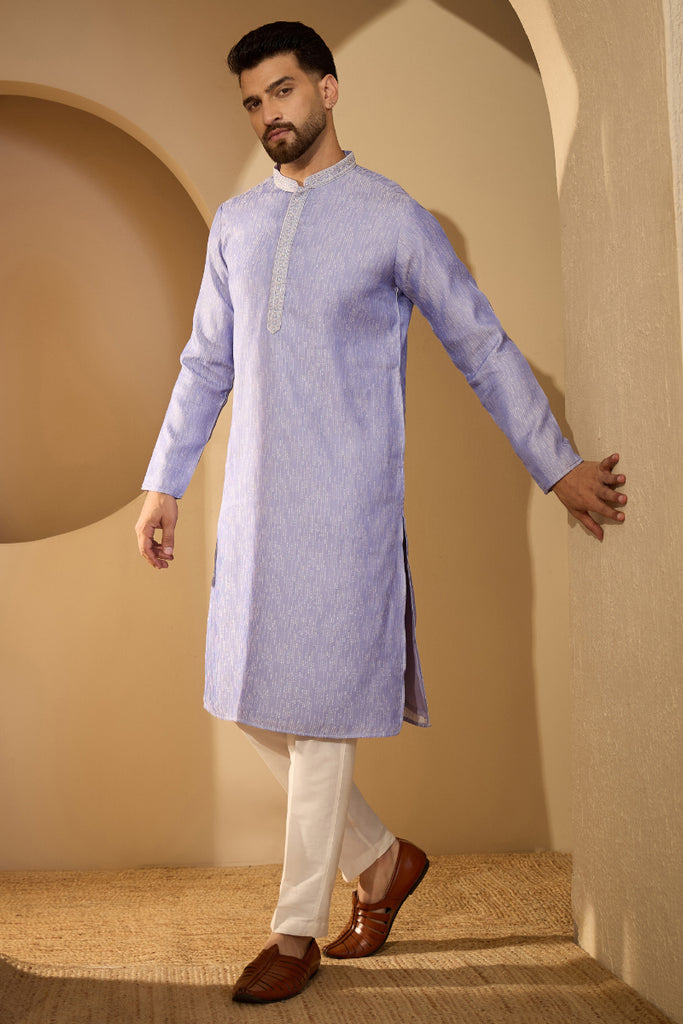 Blue Jacquard Woven Design Mandarin Collar Kurta With Trouser MKSET2777