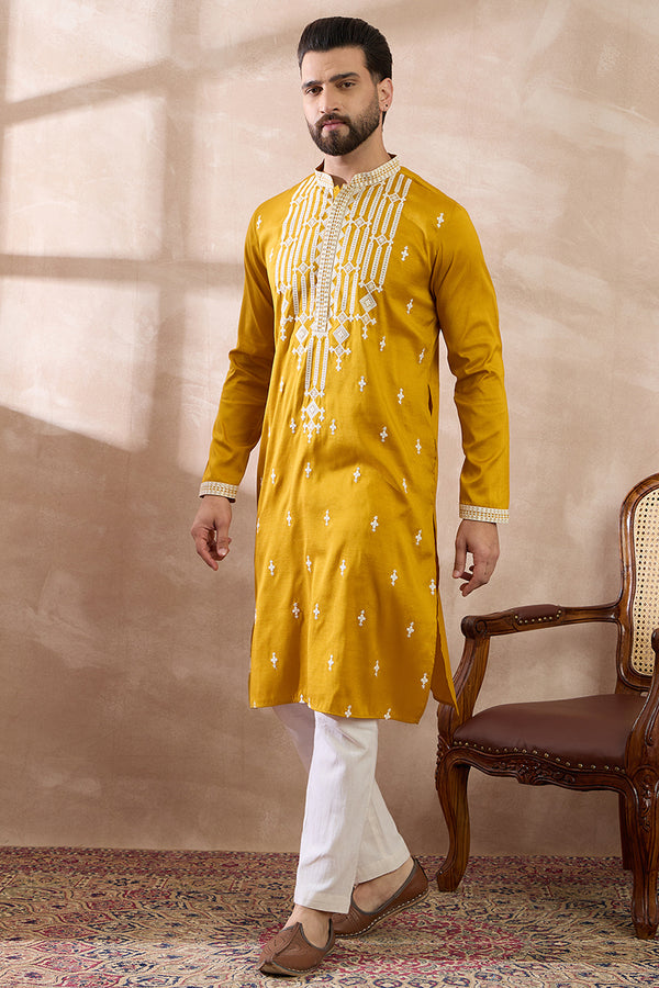 Yellow Silk Blend Embroidered Mandarin Collar Straight Kurta With Trouser MKSET1786
