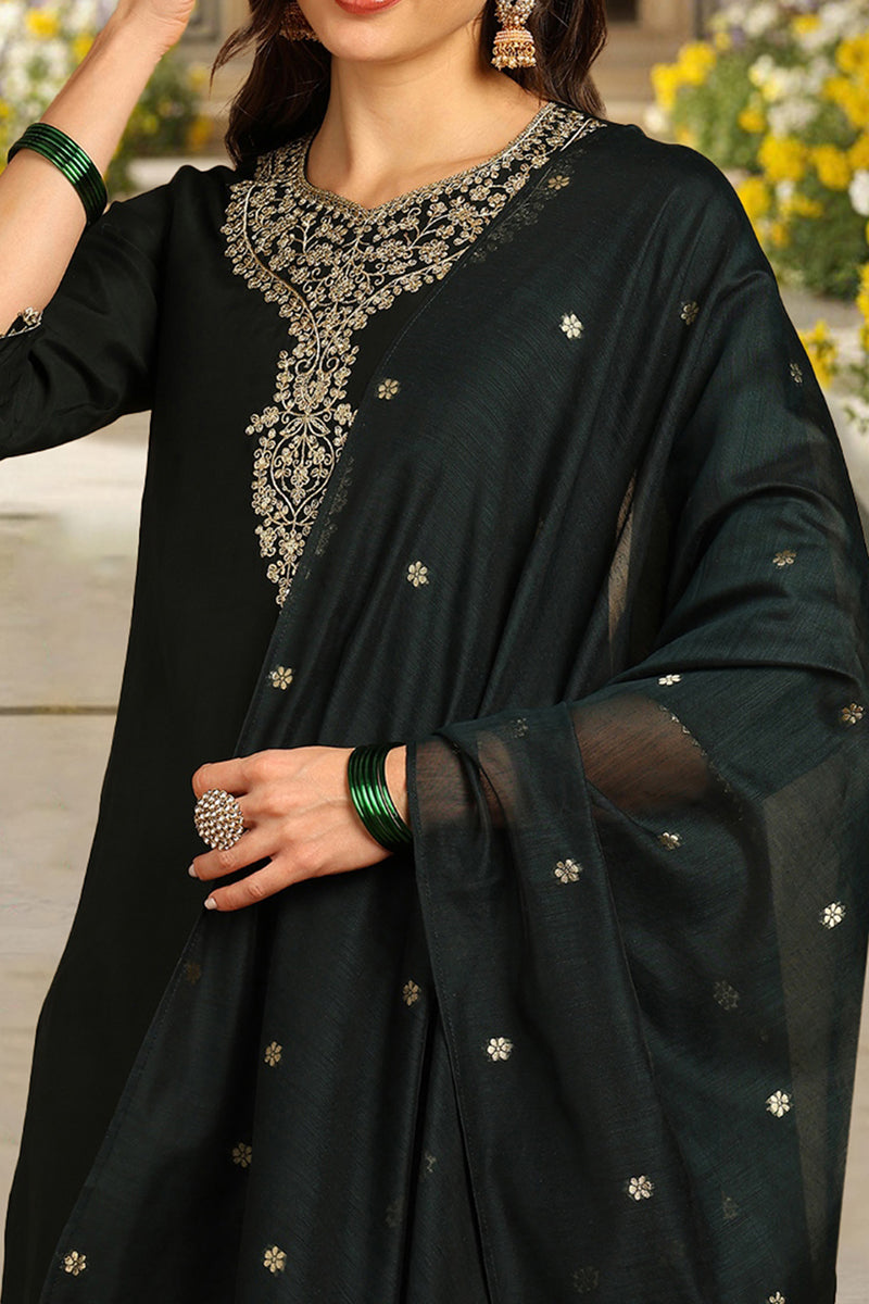 Green Chanderi Silk Solid Embroidered Straight Trousers Suit Set PKSKD2715