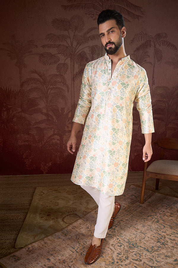 Off White Silk Blend Floral Printed Straight Kurta With Trouser MKSET1915