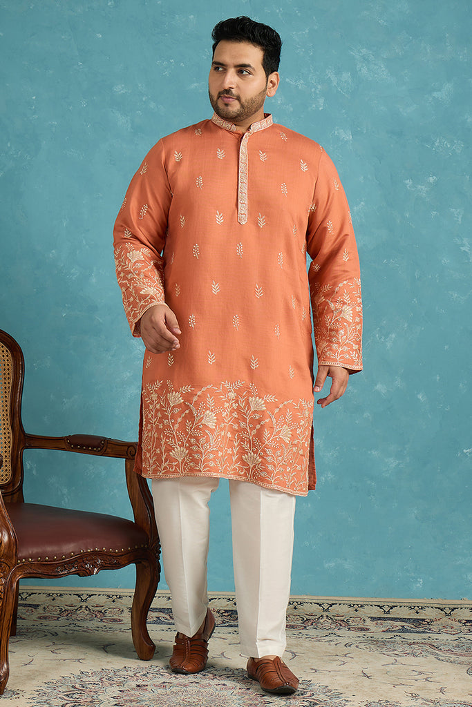 Peach Silk Blend Solid Thread Work Embroidered Kurta MKU1935