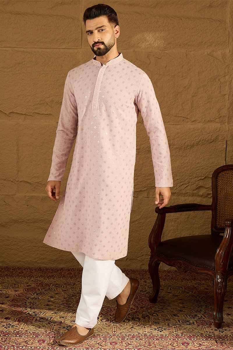 Purple Viscose Rayon Solid Embroidered Straight Kurta With Pant Set MKSET1061