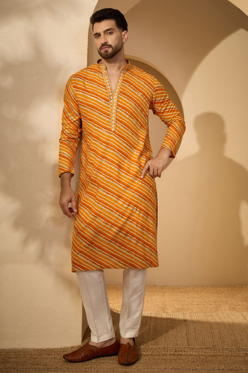 Yellow Rayon Leheriya Printed V-Neck Kurta MKU2755