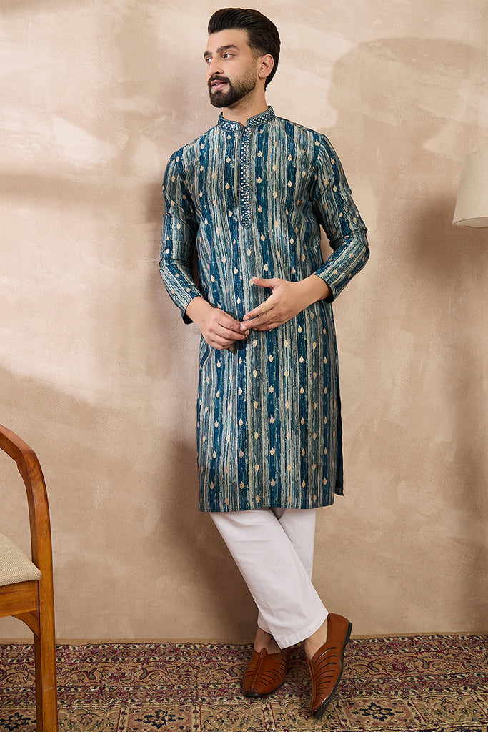 Turquoise Blue Silk Blend Abstract Printed Straight Kurta With Trouser MKSET2005