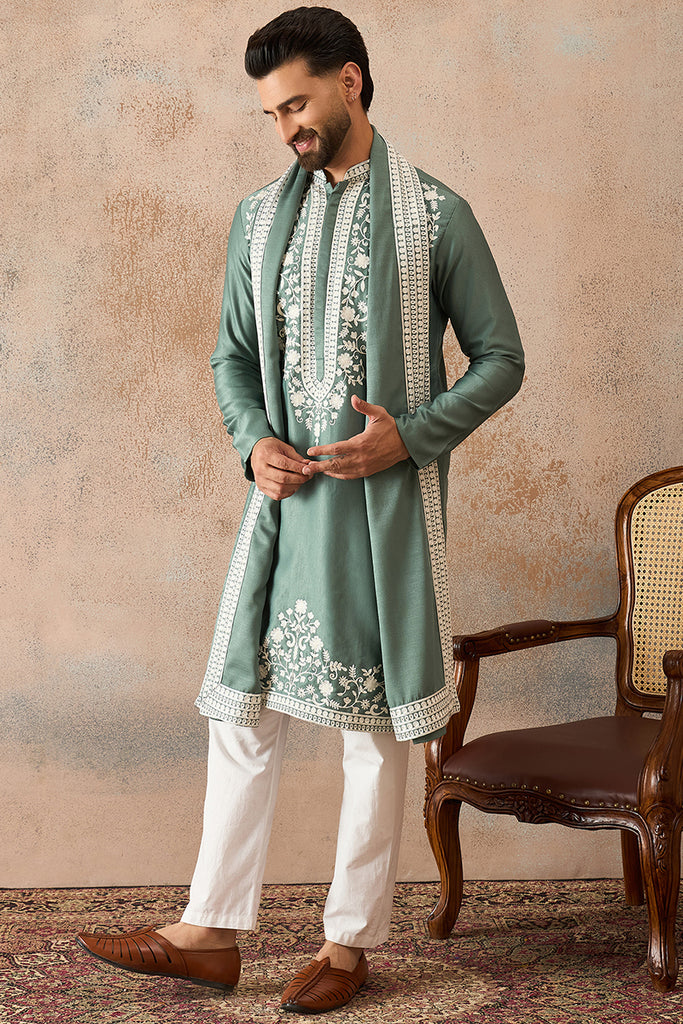 Green Silk Blend Solid Embroidered Kurta Trouser With Dupatta MKPD1040