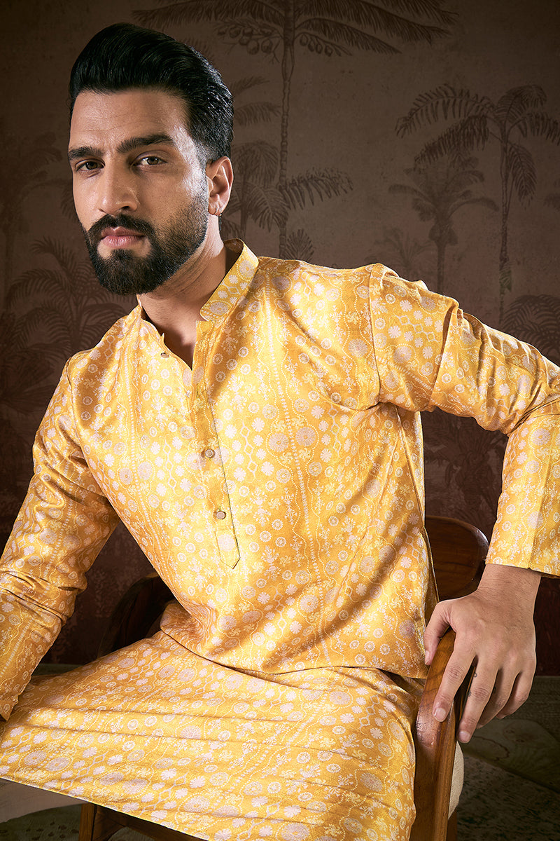 Yellow Silk Blend Floral Printed Straight Kurta With Trouser MKSET1948