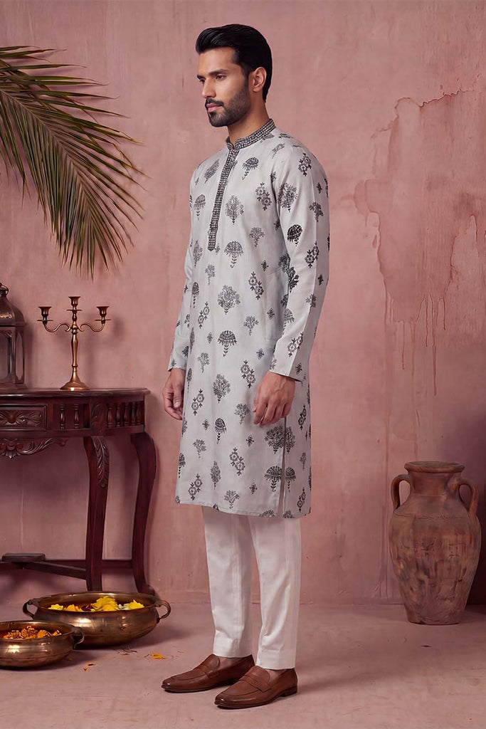 Silk Blend Embroidered Solid Blue Kurta With Trousers MKSET1805