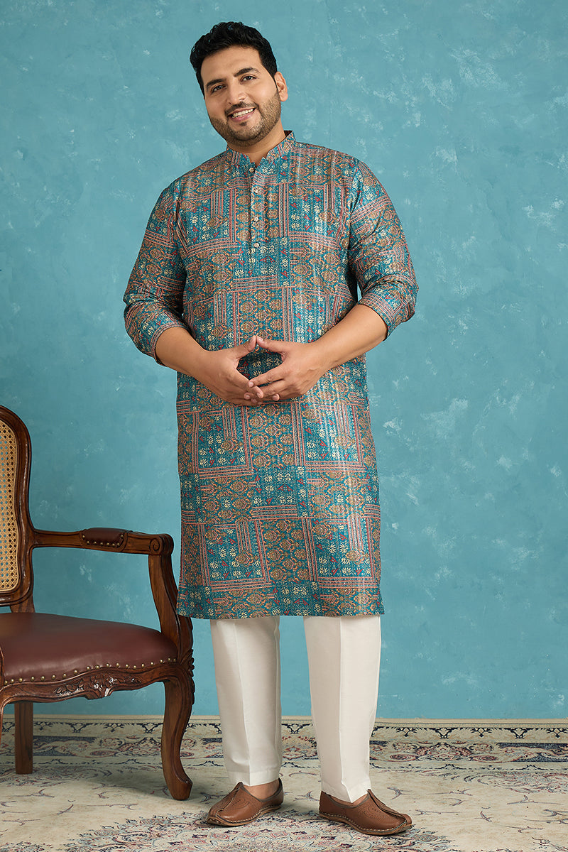 Blue Silk Blend Ethnic Motifs Printed Kurta MKU1934