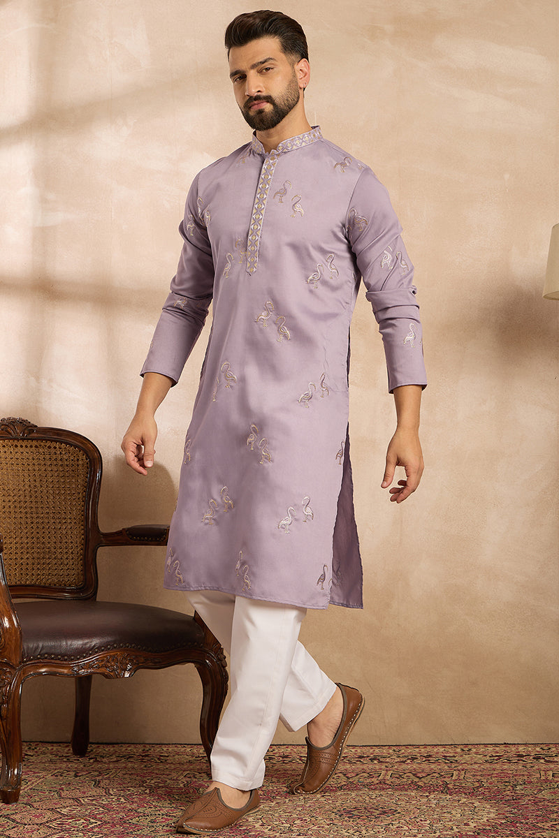 Lavender Silk Blend Solid Embroidered Straight Kurta MKU1815