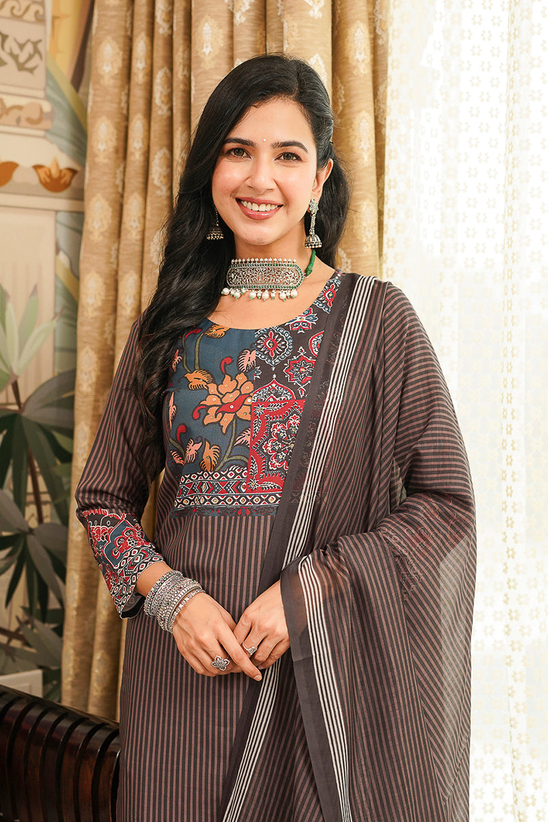 Brown Cotton Blend Ethnic Motifs Printed Straight Kurta Trousers With Dupatta PKSKD3072