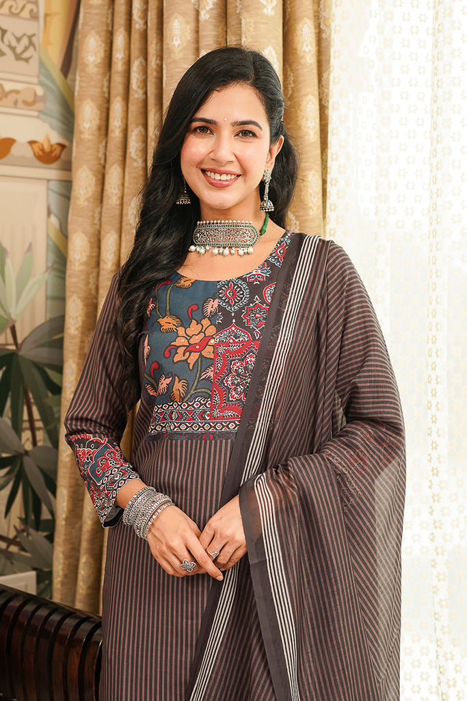 Brown Cotton Blend Ethnic Motifs Printed Straight Kurta Trousers With Dupatta PKSKD3072