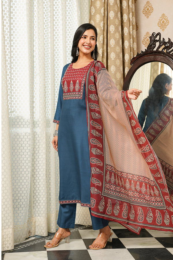 Blue Cotton Blend Ajrakh Printed Straight Kurta Trousers With Dupatta PKSKD3089