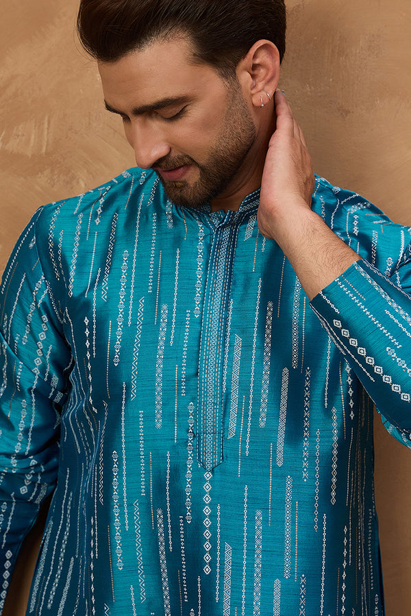 Blue Silk Blend Geometric Printed Straight Kurta MKU1519
