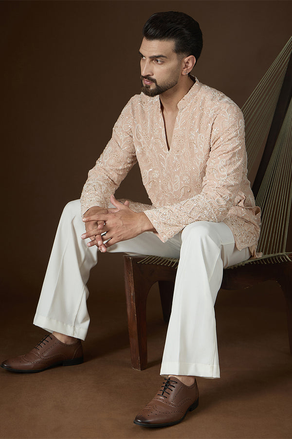 Peach Georgette Solid Embroidered V-Neck Kurta With Trouser MKSET2830