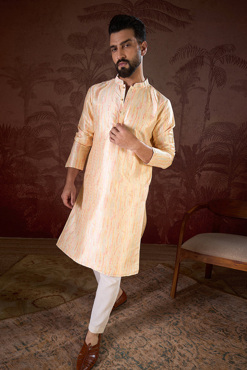 Cream Silk Blend Abstract Printed Straight Kurta With Trouser MKSET1907