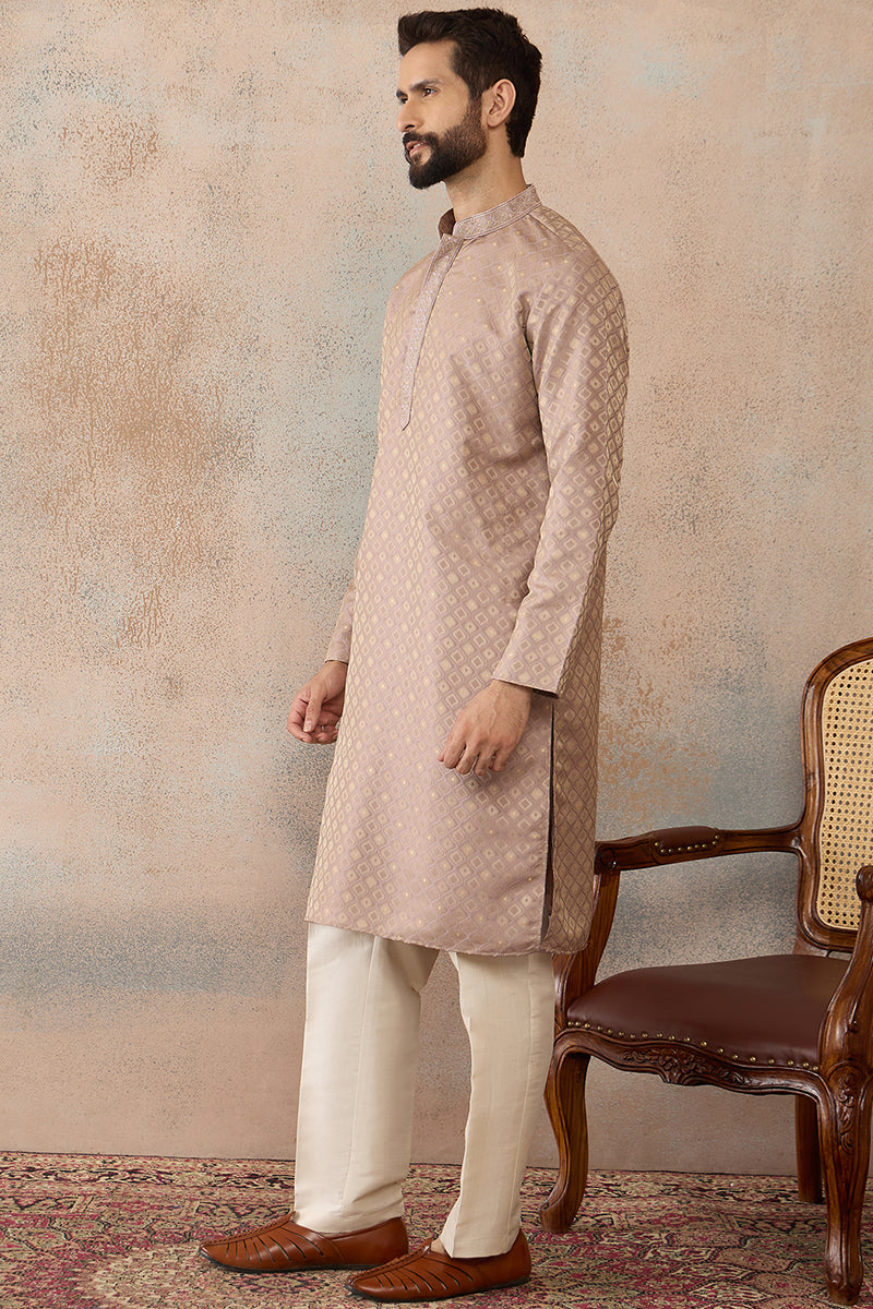 Taupe Jacquard Ethnic Motifs Embroidered Kurta MKU2324