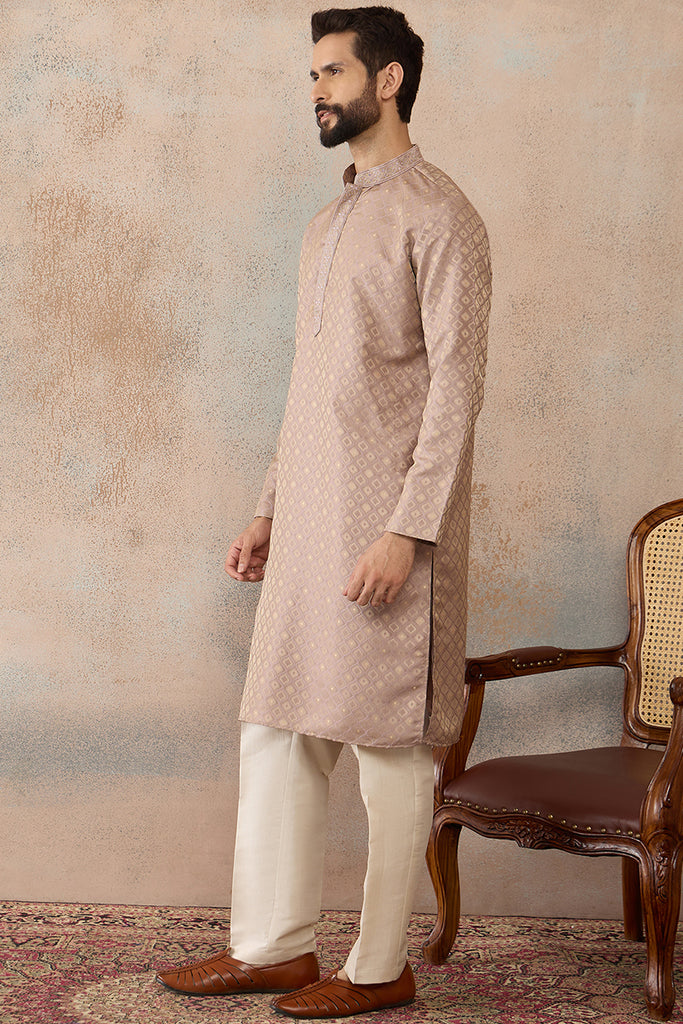 Taupe Jacquard Ethnic Motifs Embroidered Kurta MKU2324