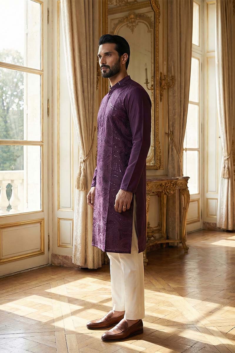 Purple Silk Blend Embroidered Straight Kurta With Trousers MKSET2125