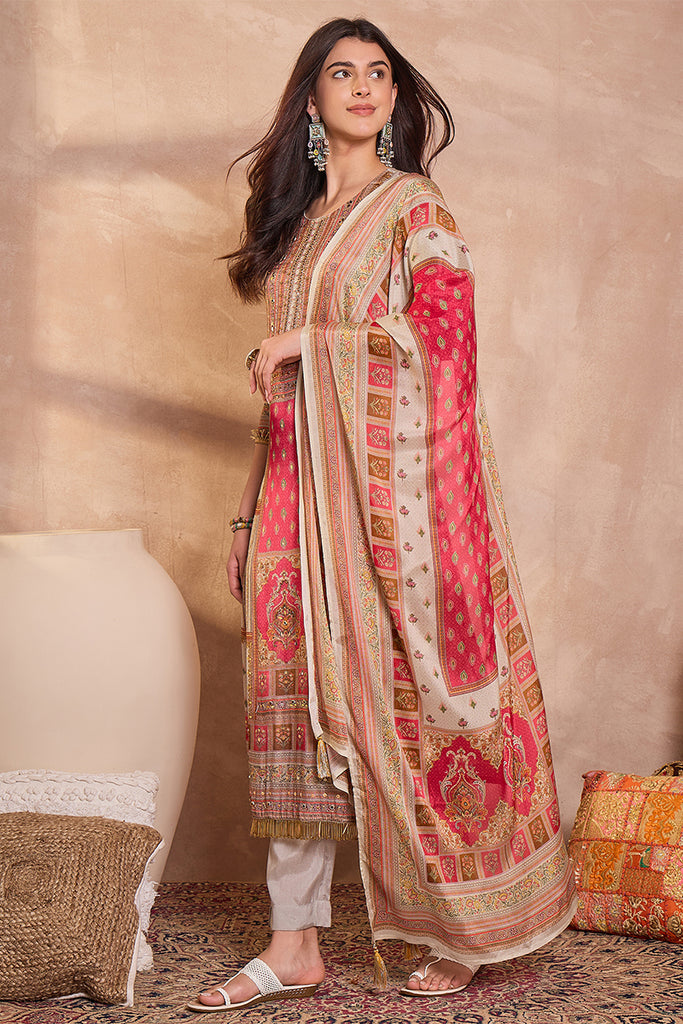 Multi Viscose Rayon Embroidered Kurta Trouser With Dupatta  HPKSKD2974
