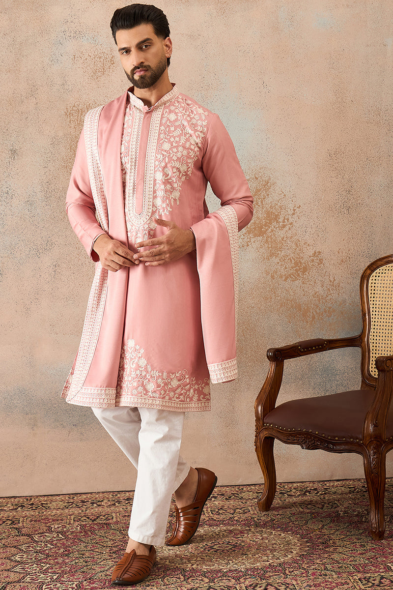 Peach Silk Blend Solid Embroidered Kurta With Dupatta MKUD1041