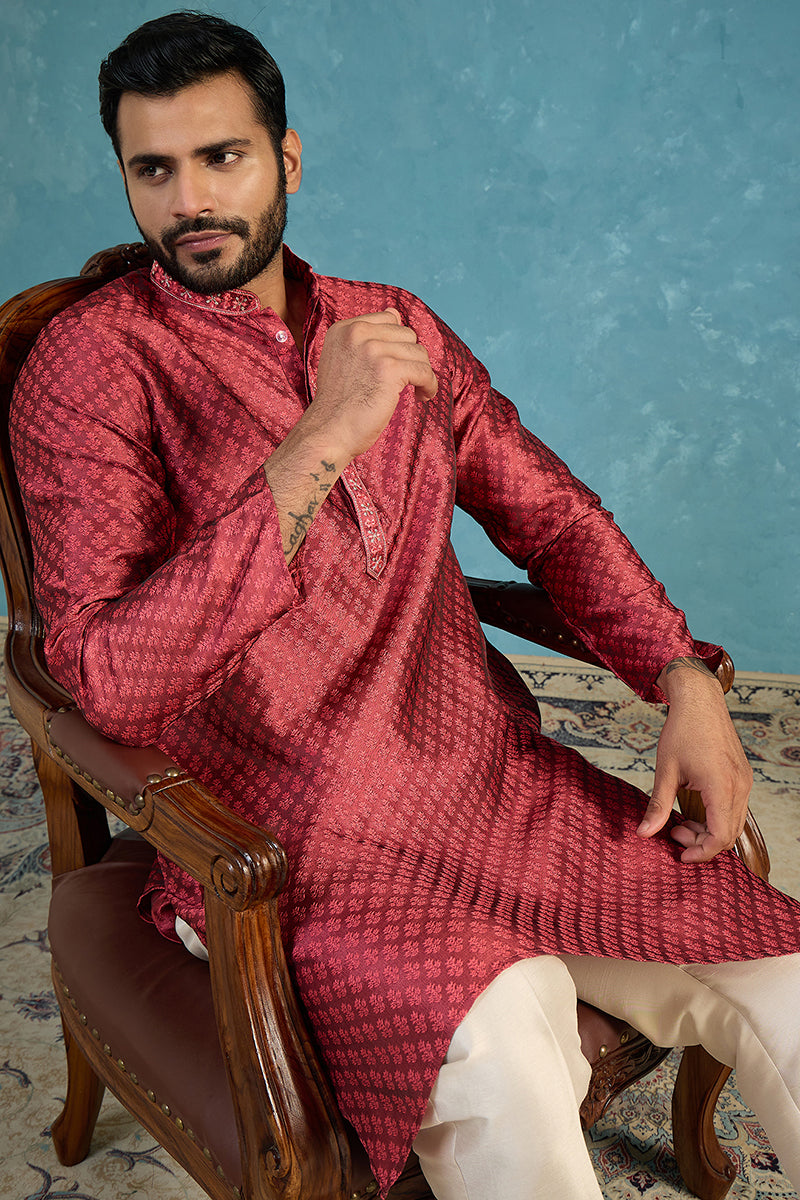 Maroon Jacquard Woven Design Straight Kurta With Trouser MKSET2342
