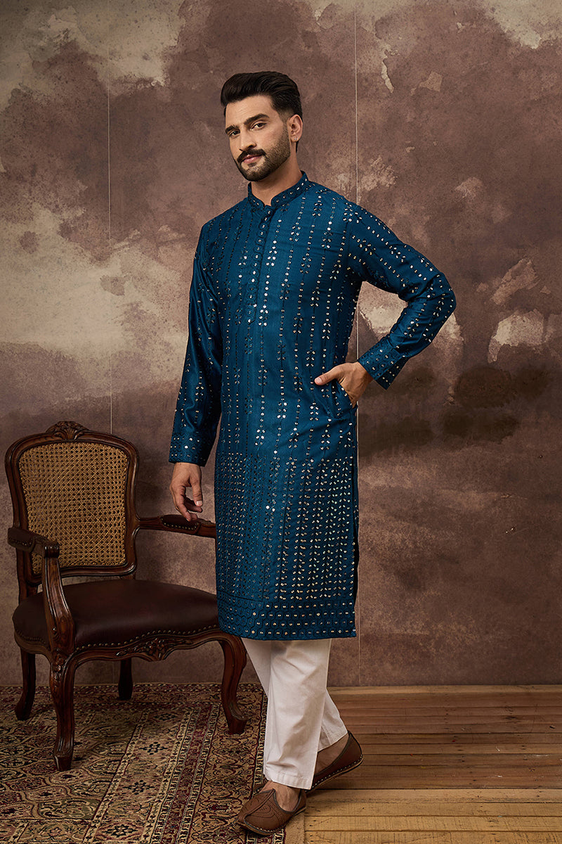 Blue Silk Blend Solid Embroidered Straight Kurta With Pant Set MKSET1358