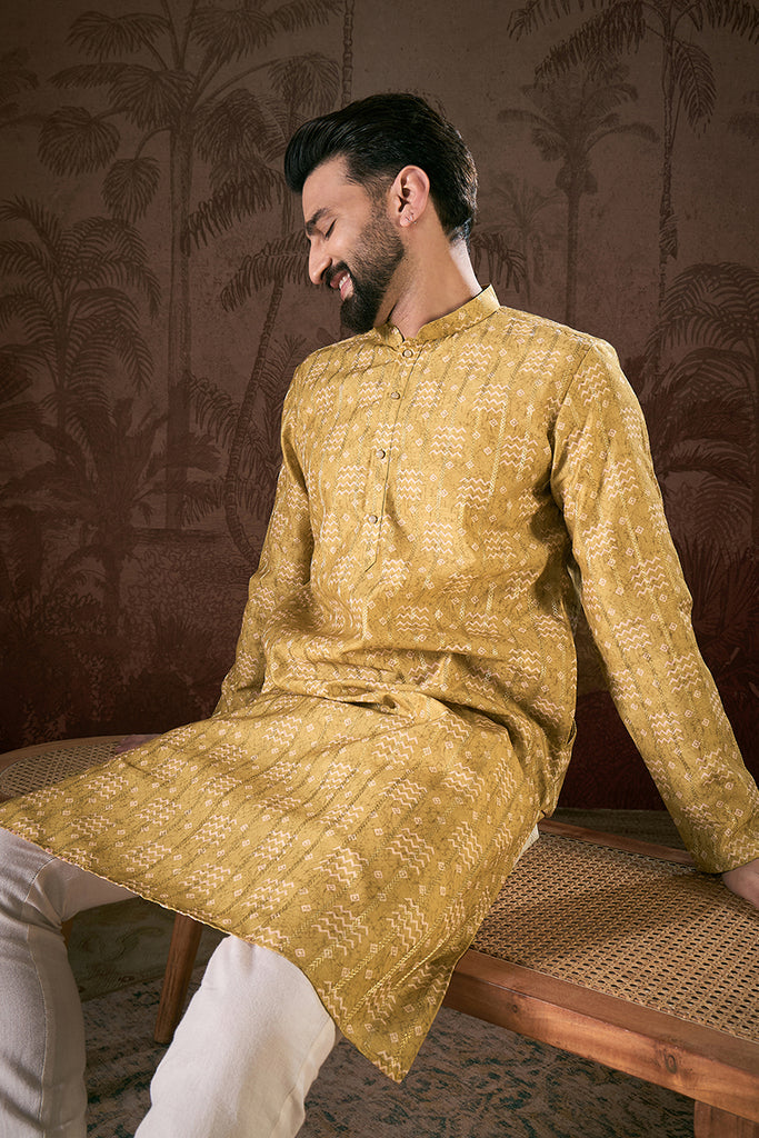 Mustard Silk Blend Ethnic Motifs Printed Straight Kurta With Trouser MKSET1926