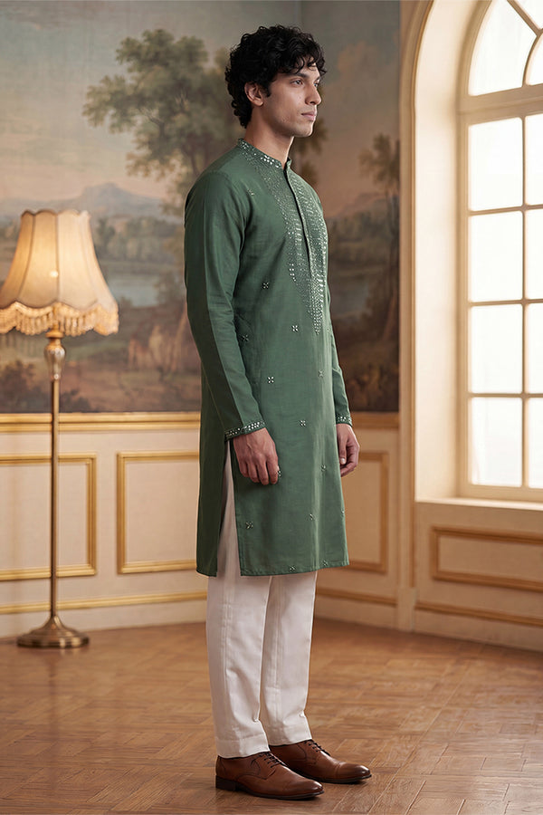 Green Silk Blend Solid Emboidered Sequins Kurta With Trouser MKSET2279