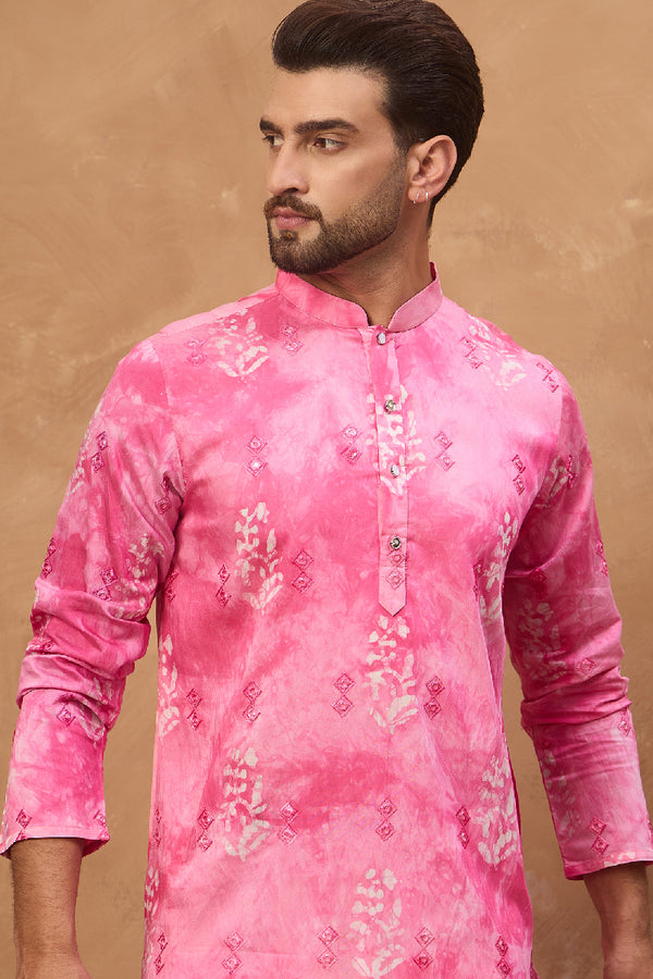 Pink Silk Blend Batik Embroidered Straight Kurta MKU1515