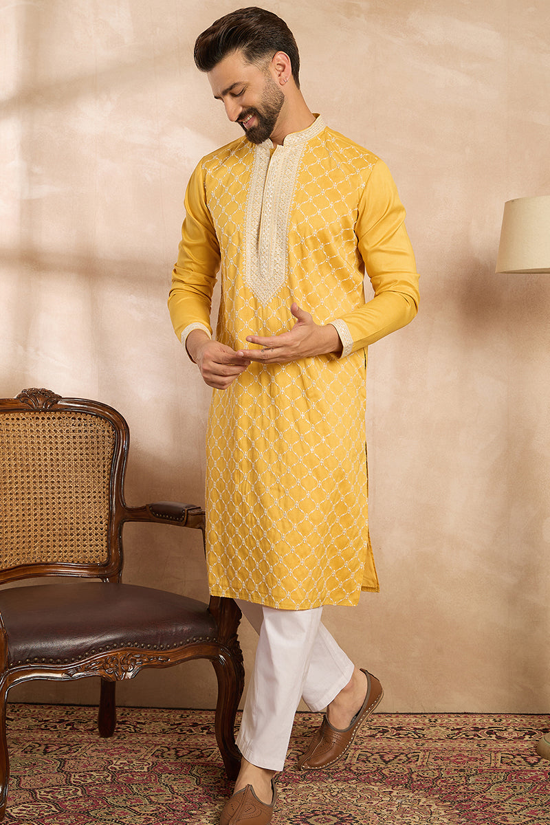 Yellow Silk Blend Solid Embroidered Straight Kurta MKU1691