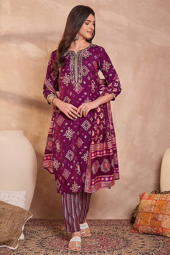 Purple Silk Blend Ethnic Motifs Printed Straight Kurta Trouser With Dupatta PKSKD3231