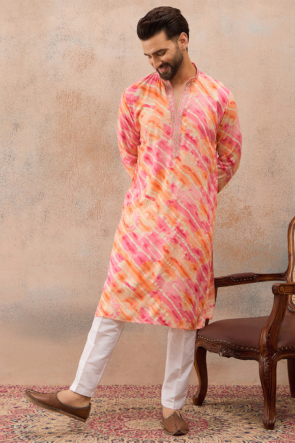 Pink Viscose Rayon Leheriya Printed Kurta With Trouser MKSET2754