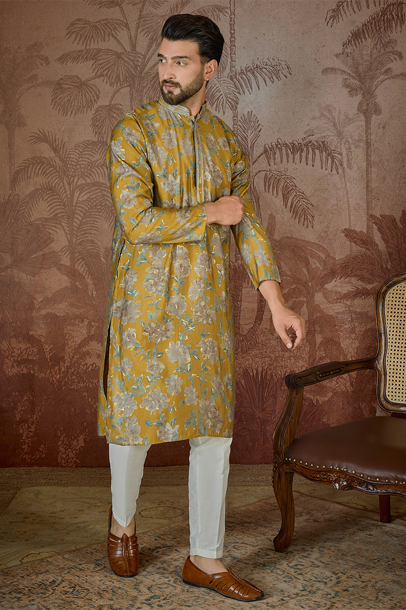 Mustard Silk Blend Floral Embroidered Kurta With Trouser MKSET2505