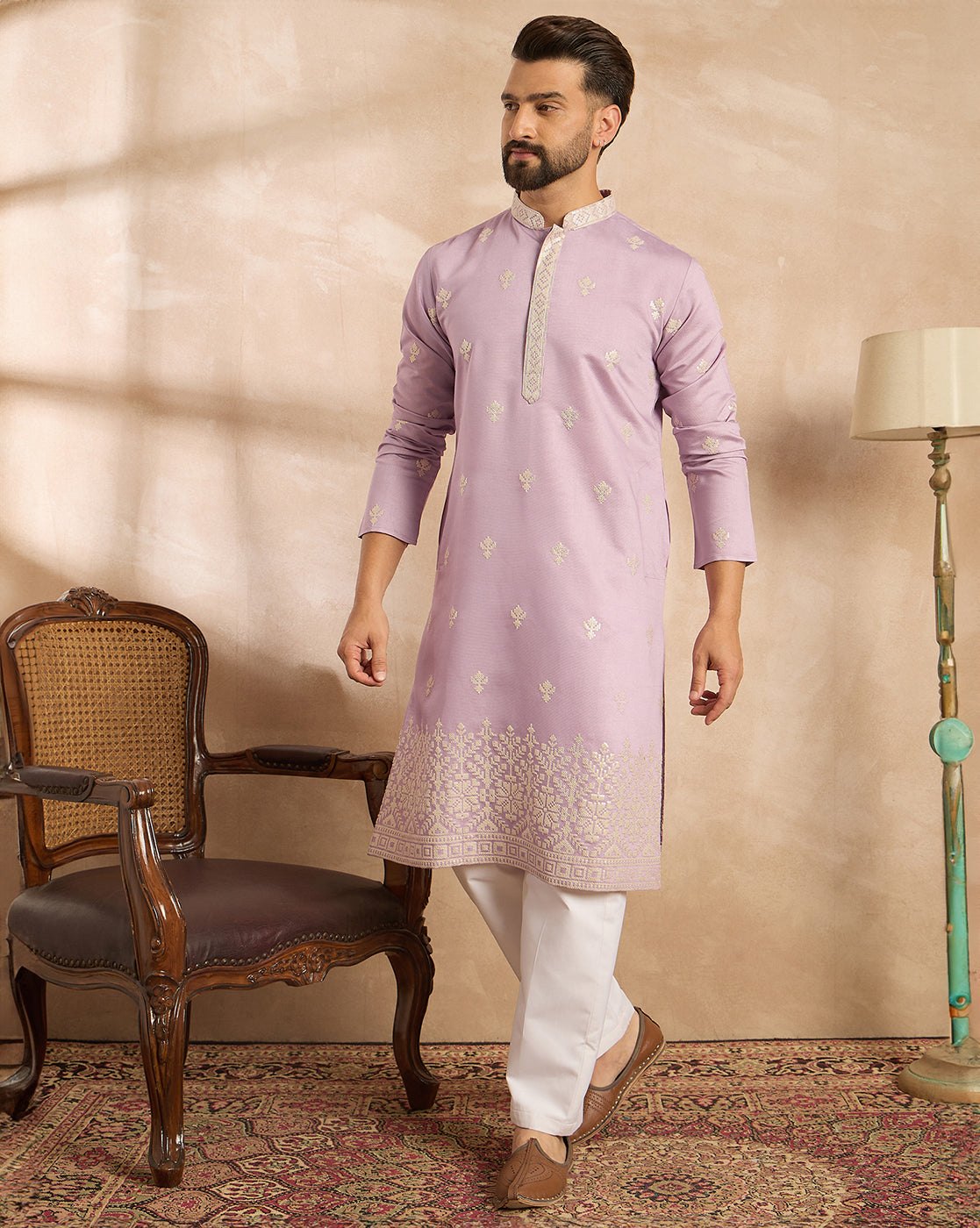 Lavender Polyester Solid Embroidered Straight Kurta With Trouser MKSET1753