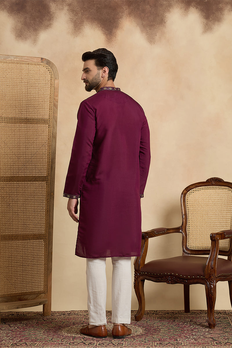Purple Silk Blend Solid Embroidered Zari Kurta MKU2442