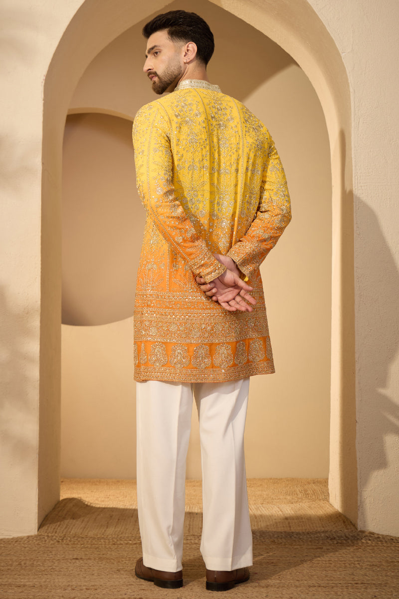 Yellow Georgette Solid Embroidered V-Neck Kurta MKU2585
