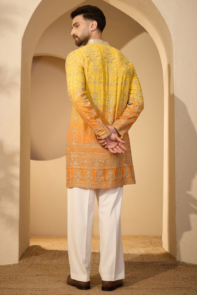 Yellow Georgette Solid Embroidered V-Neck Kurta MKU2585