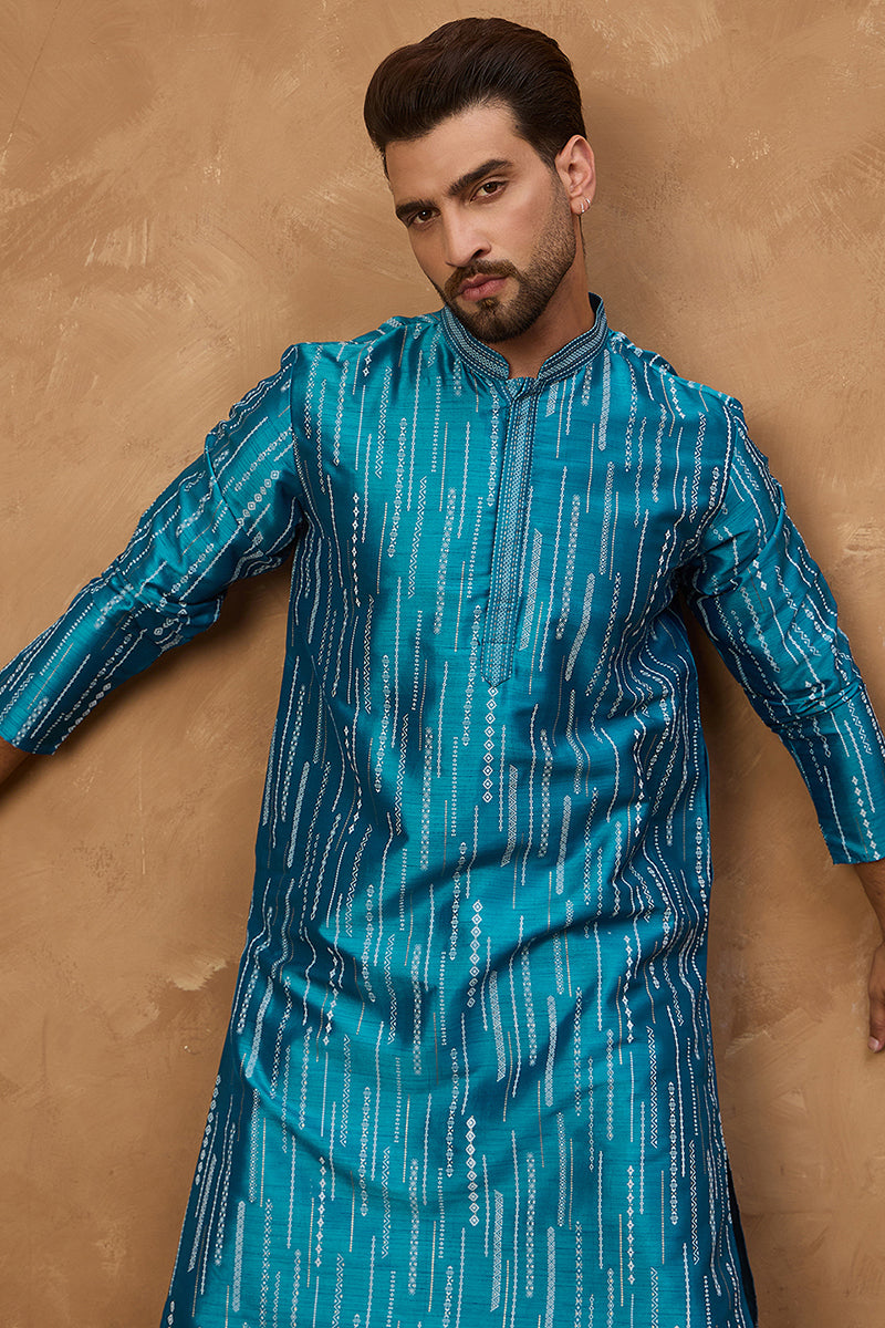 Blue Silk Blend Geometric Printed Straight Kurta MKU1519