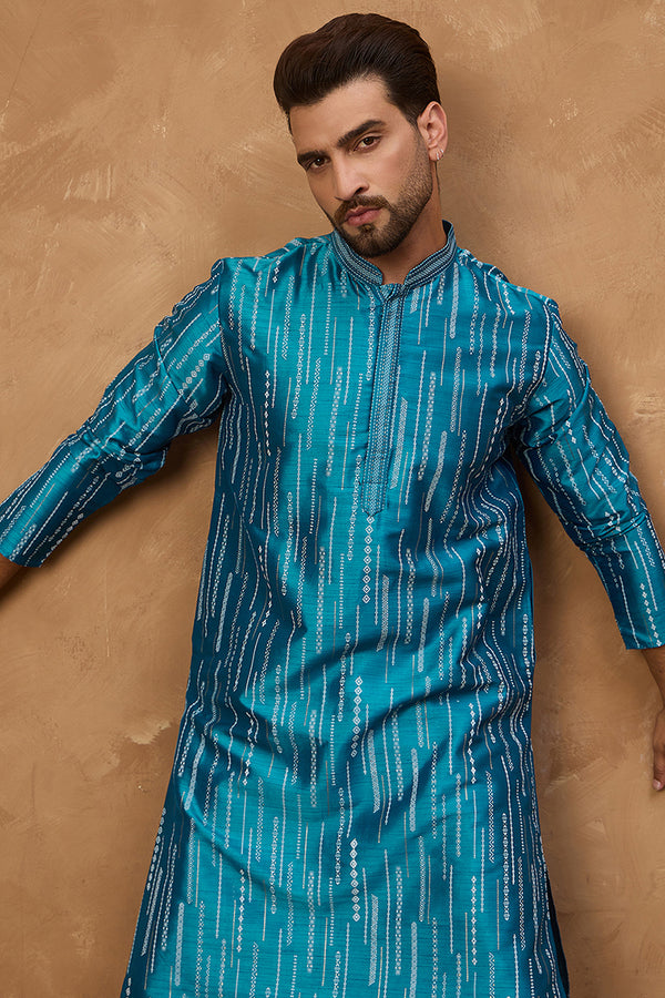Blue Silk Blend Geometric Printed Straight Kurta MKU1519