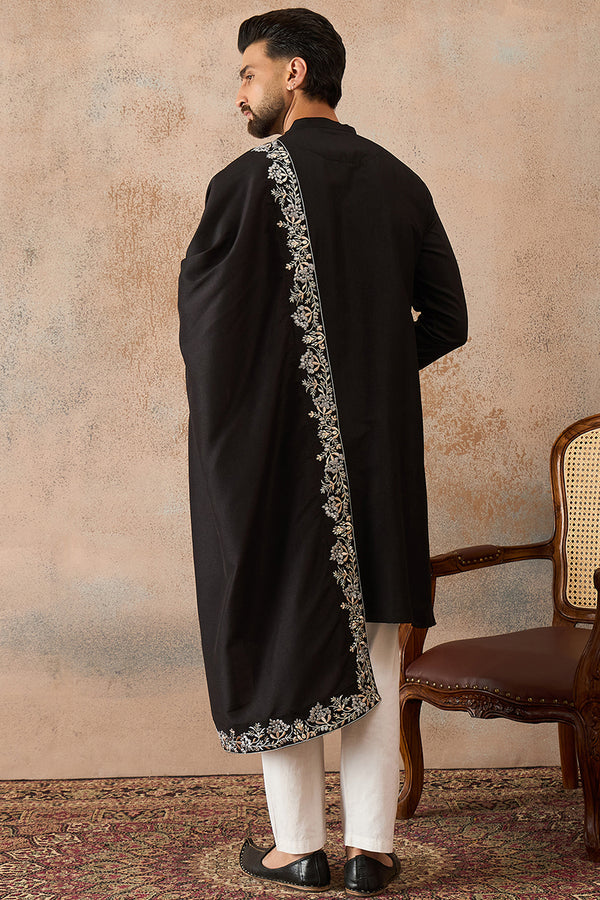 Black Silk Blend Solid Embroidered Kurta And Trouser With Dupatta MKPD1043