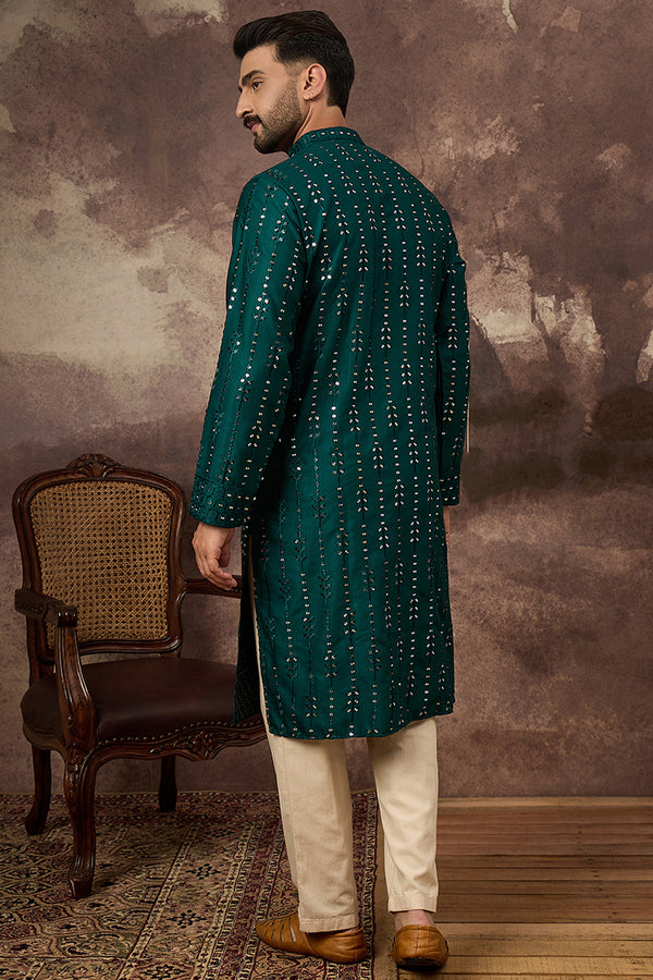 Teal Silk Blend Solid Embroidered Straight Kurta With Pant Set MKSET1357