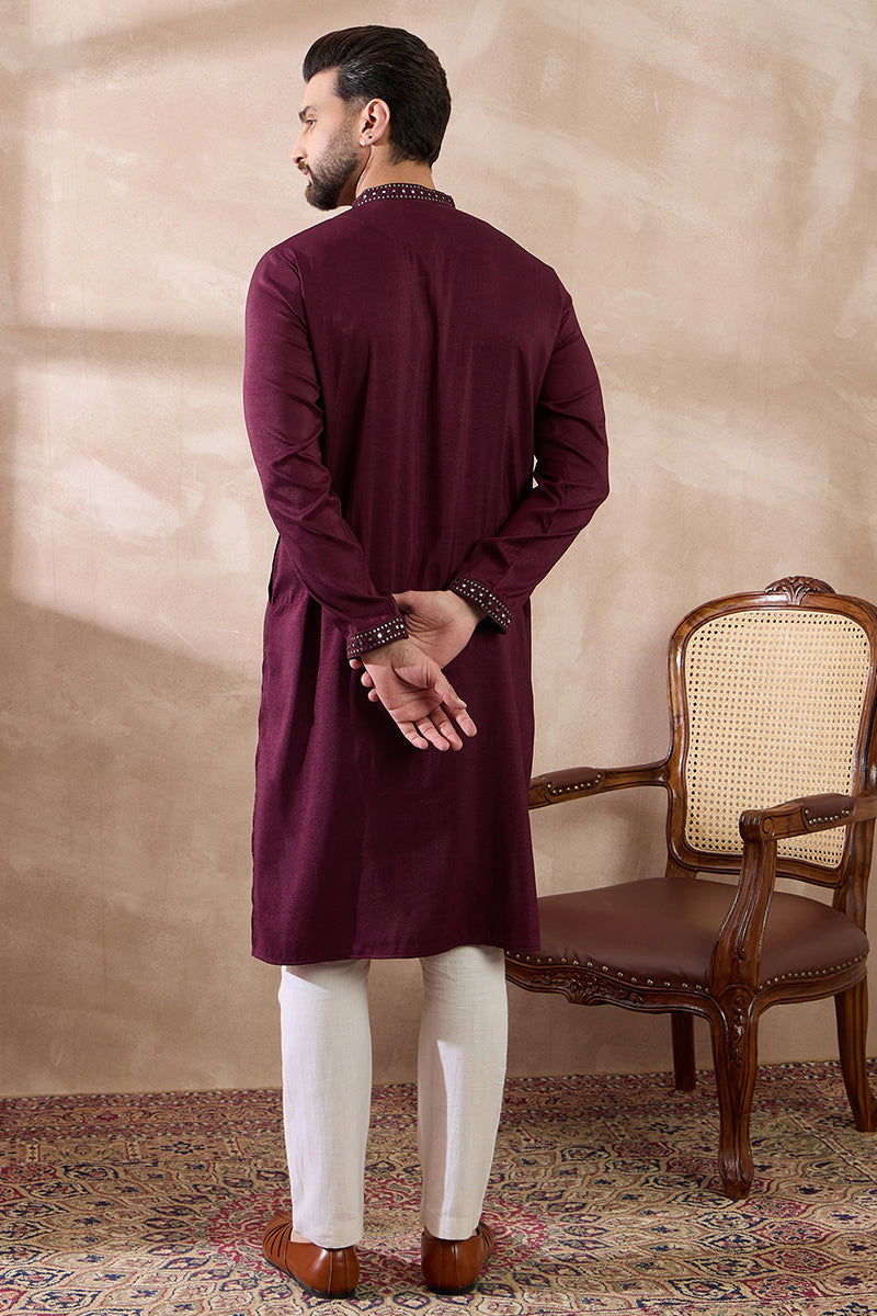 Purple Silk Blend Embroidered Mandarin Collar Straight Kurta With Trouser MKSET1889