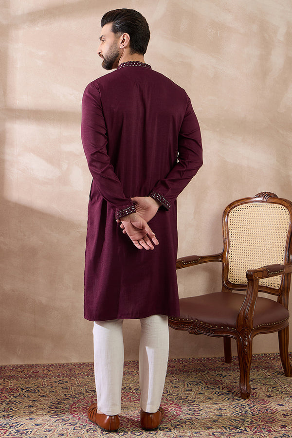 Purple Silk Blend Embroidered Mandarin Collar Straight Kurta With Trouser MKSET1889