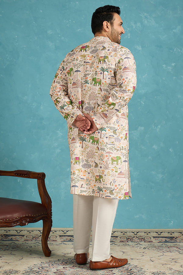 Cream Viscose Rayon Ethnic Motifs Thread Work Printed Kurta MKU1616